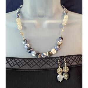 Blue Gemstone & Filigree Necklace Earring Set Dangle Drop Artisan Crafted